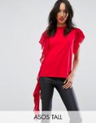 Asos Tall T-shirt With Dramatic Assymetric Woven Ruffle - Red