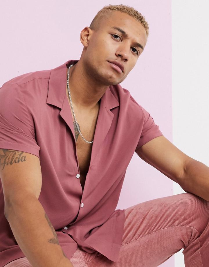 Asos Design Relaxed Viscose Shirt With Low Revere In Raspberry Pink