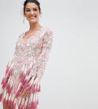 A Star Is Born Scalloped V Neck Plunge Skater Dress With Allover Embellishment - Pink