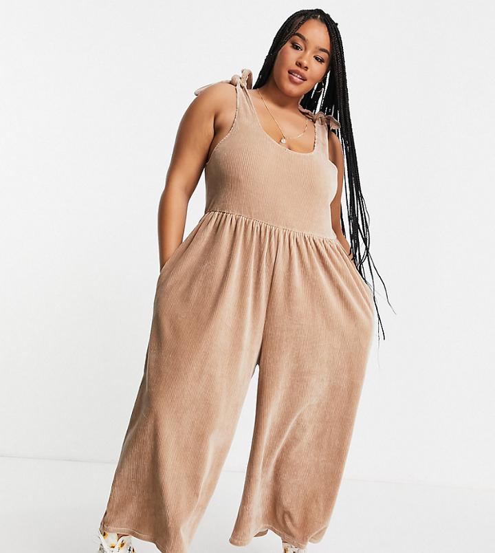 Asos Design Curve Cord Tie Shoulder Smock Jumpsuit In Stone-neutral
