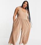 Asos Design Curve Cord Tie Shoulder Smock Jumpsuit In Stone-neutral