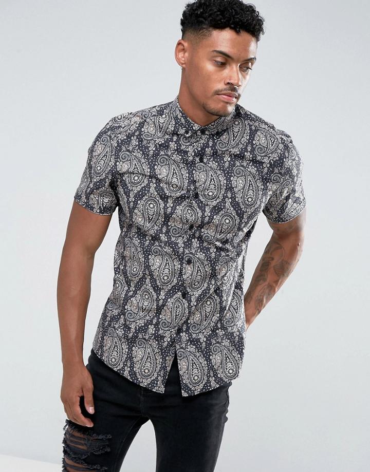 Asos Slim Stretch Shirt With Paisley Print - Black