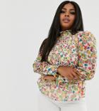 Neon Rose Plus High Neck Blouse With Shirred Bodice In Vintage Ditsy - Multi