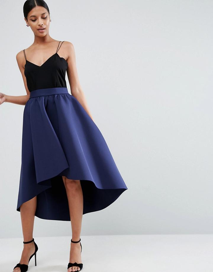Asos Scuba Midi Prom Skirt With Asymmetric High-low Hem - Navy