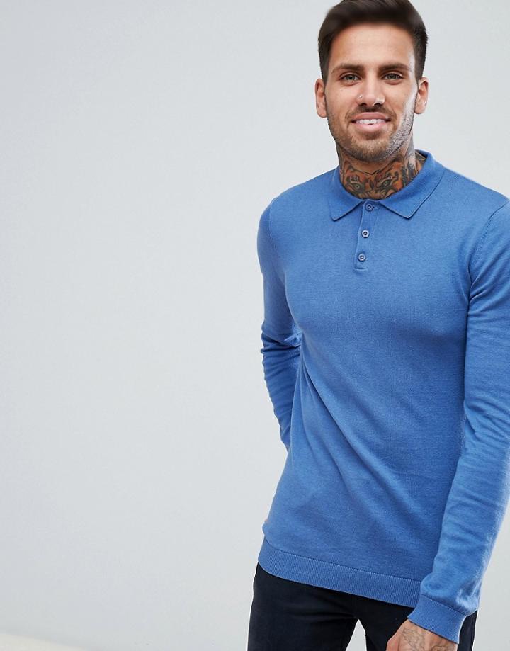Asos Knitted Muscle Fit Polo In Sky Blue - Blue
