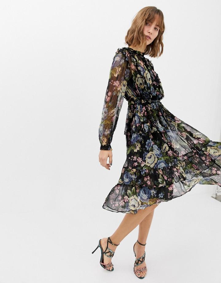 Needle & Thread Printed Midi Dress-black