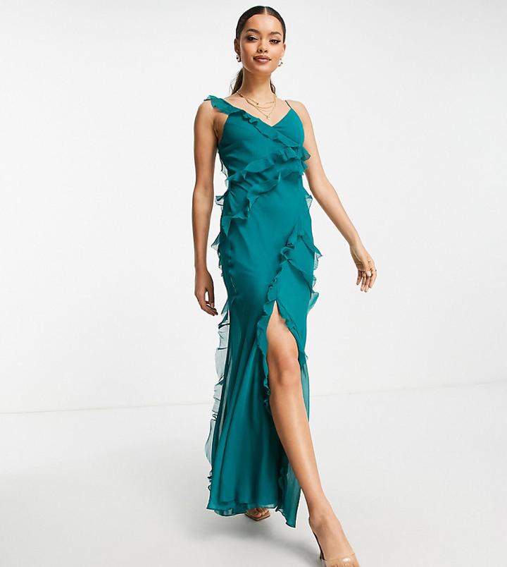 Asos Design Petite Tiered Ruffle Detail Maxi Dress With Tie Back And Button Side-green