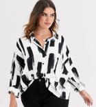 Asos Design Curve Long Sleeve Cropped Shirt In Brush Stroke Print - Clear
