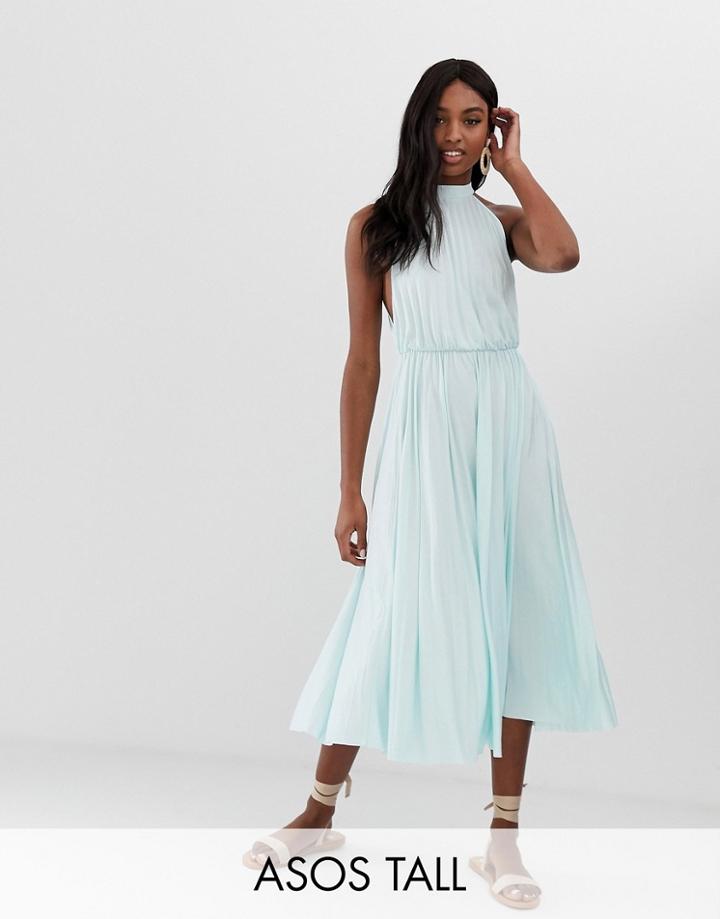 Asos Design Tall Halter Pleated Waisted Midi Dress - Green