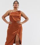 Outrageous Fortune Plus Satin Asymmetric Shoulder Dress In Chocolate-brown