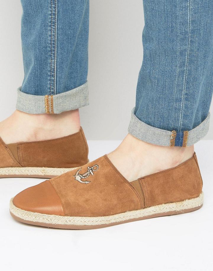 Walk London Riviera Embroidered Anchor Suede Espadrilles - Tan
