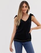 Asos Design Tank With Tie Shoulder With Contrast Stitching - Black
