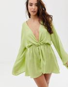 Asos Design Satin Twist Front Beach Cover Up In Chartreuse - Green