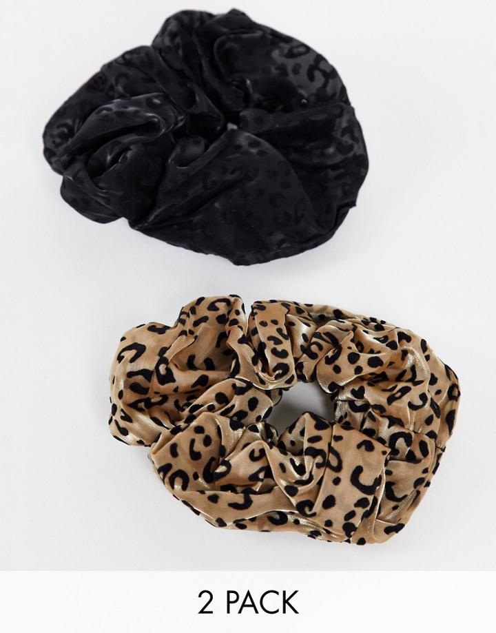 Southbeach Two Pack Animal Print Hair Scrunchie In Black And Animal Print-multi