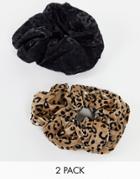 Southbeach Two Pack Animal Print Hair Scrunchie In Black And Animal Print-multi