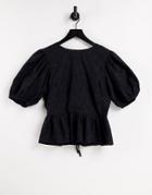 In The Style X Lorna Luxe Black Embroidered Puffsleeve Tie Back Blouse Set In Black