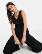 Monki Sandra Organic Cotton Blend Ribbed Jersey Wide Leg Jumpsuit In Black