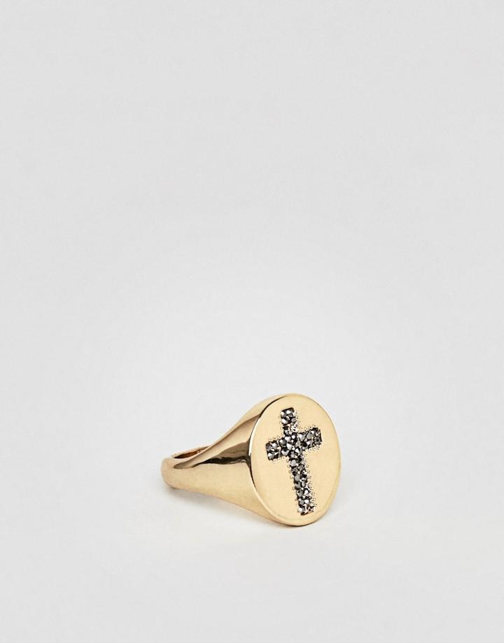 Asos Gold Sovereign Ring With Crystal Encrusted Cross - Gold