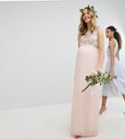 Tfnc Maternity Maxi Bridesmaid Dress With Soft Floral Sequin Top - Pink