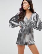 Motel Wrap Front Playsuit In Metallic - Silver