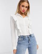 Missguided Dobby Cropped Shirt With Frill Front In White