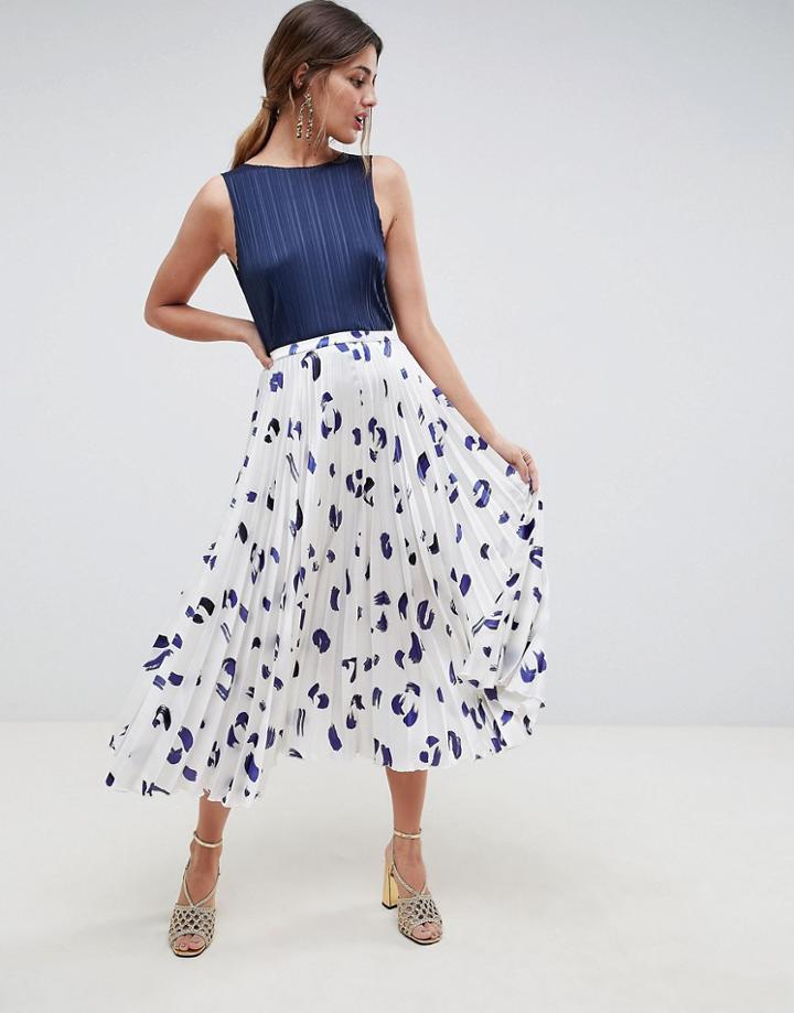 Asos Design Satin Pleated Midi Skirt In Polka Dot - Multi