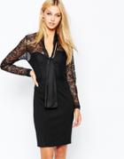 Lipsy Waxed Lace Pencil Dress With Bow Tie Detail - Black
