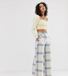 River Island Oversized Check Wide Leg Pants In Cream - Blue