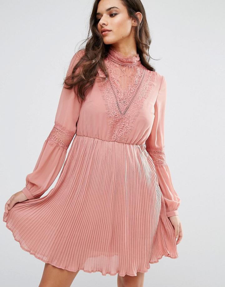 Vero Moda Lace Detail Skater Dress - Pink