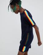Asos Design Knitted Mesh T-shirt With Rainbow Stripe In Navy - Navy