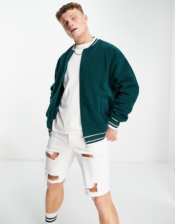 Asos Design Oversized Polar Fleece Varsity Jacket In Deep Green