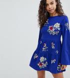 Asos Petite Embroidered Tiered Smock Dress With Long Sleeves - Blue