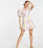 Asos Design Petite Mini Skater Dress With Puff Sleeves In Pink Patchwork Floral-multi