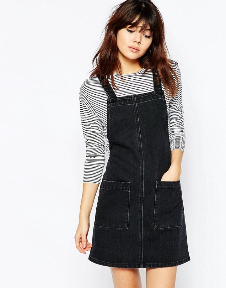 Asos Denim Mini Pinafore In Washed Black - Washed Black