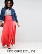 Asos Curve Maxi Skirt With Asymmetric Poppers & Split - Red