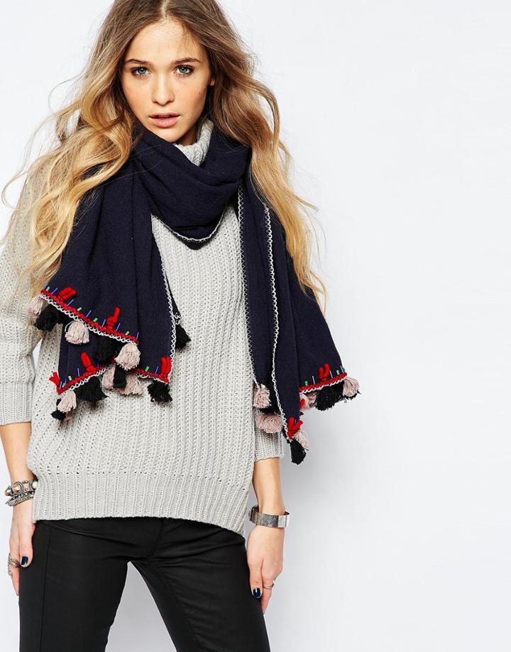 Blank Tassel Detail Oversized Blanket Scarf - Navy