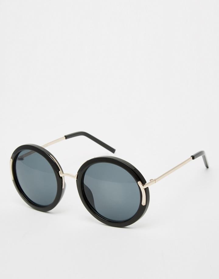 Asos Oversized Round Sunglasses With Metal Corner Hinge And Nose Bridge - Black