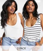 Bershka 2 Pack Scoop Neck Tank Top In White & Stripe