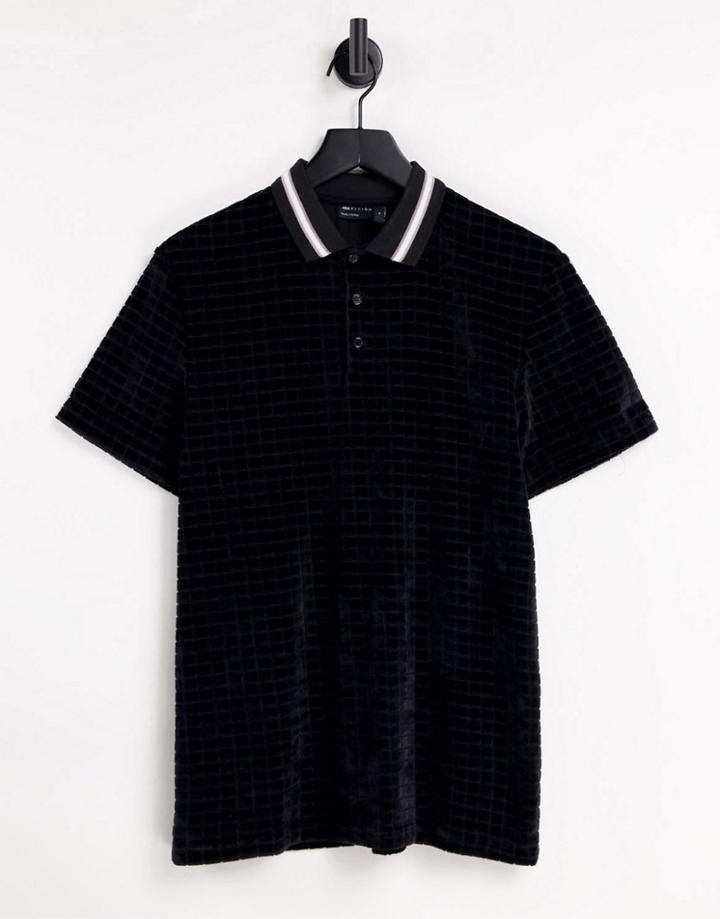Asos Design Polo T-shirt In Black Grid Velour