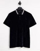 Asos Design Polo T-shirt In Black Grid Velour
