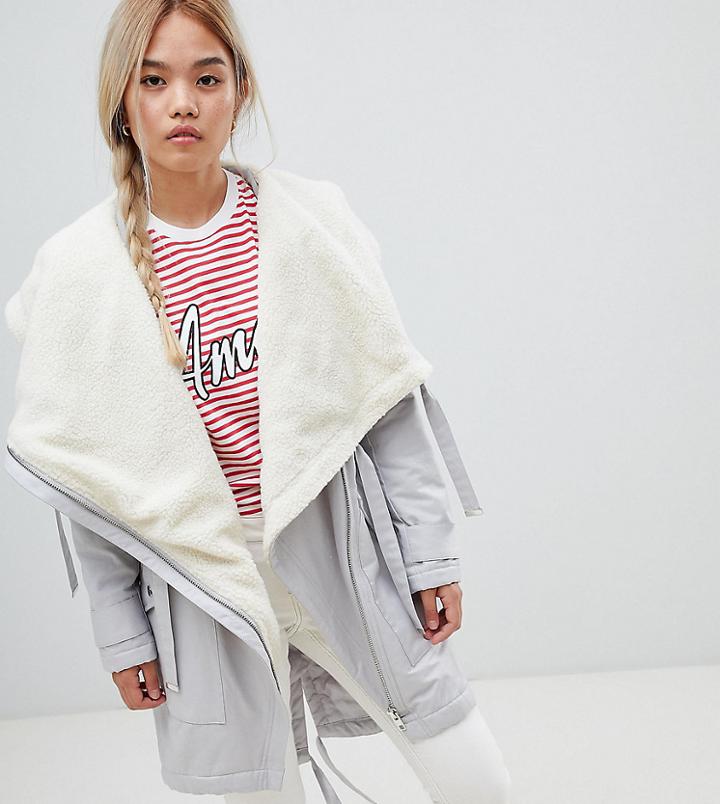 Asos Design Petite Waterfall Parka With Borg Liner - Gray