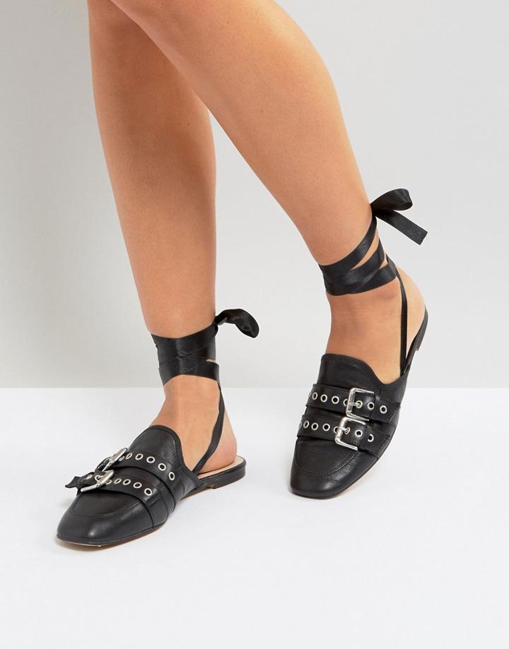 Depp Buckle Strap Tie Leather Mule Flat Shoe - Black