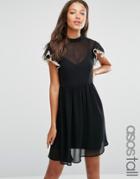 Asos Tall Skater Dress With Lace Flutter Sleeve - Black