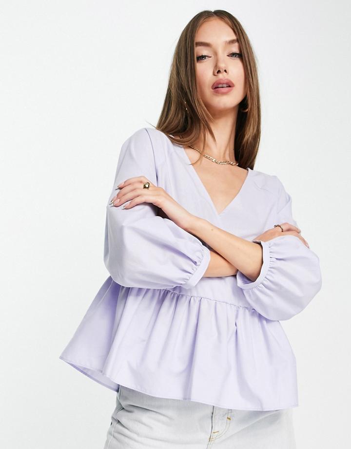 Asos Design Wrap Smock Top With Peplum Hem In Lilac-multi