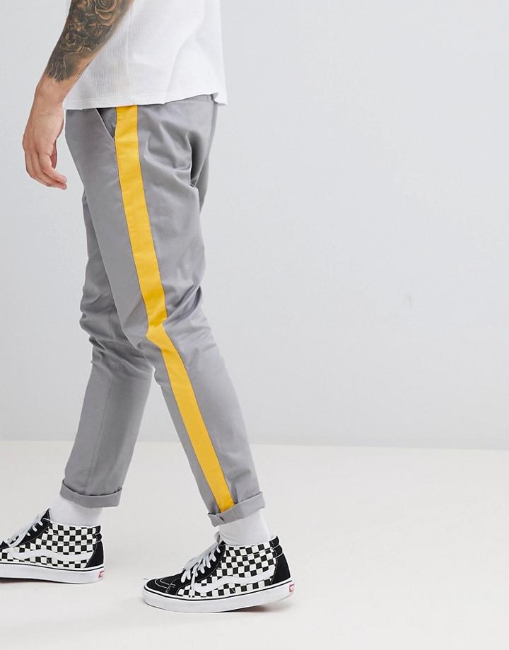 Asos Design Tapered Pants In Gray With Yellow Side Stripe - Gray