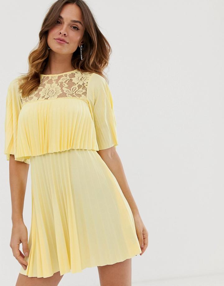 Asos Design Pleated Crop Top Mini Dress With Lace Insert - Yellow