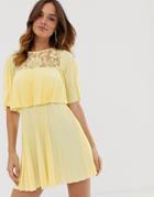 Asos Design Pleated Crop Top Mini Dress With Lace Insert - Yellow