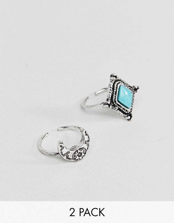 Asos Design Pack Of 2 Engraved Stone And Moon Toe Rings - Silver