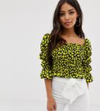 John Zack Petite Shirred Square Neck Crop Top In Yellow Splodge Print - Yellow