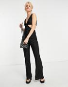 Topshop Textured Cut Out Jumpsuit In Black